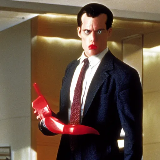 Prompt: still image from american psycho made by disney