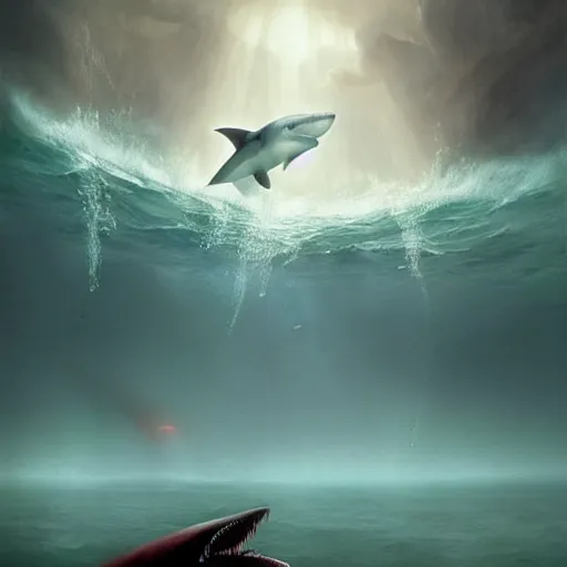 Image similar to a dream fantasy painting of ( white shark with blood teeth ) hunt a scuba diver, in the deep, trending on artstation, deviantart, matte painting by greg rutkowski, holly bruce, jon kuo