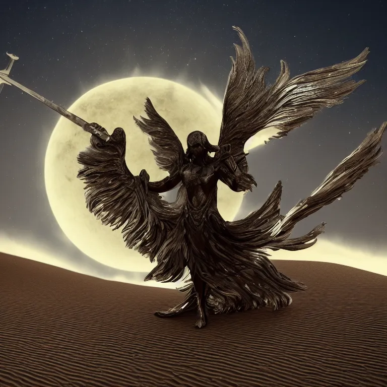 Image similar to detailed silhouette of Archangel Raphael with detailed feathered metallic wings and sword, desert planet orbited by three moons, highly detailed dunes, highly detailed rock formations, sand storm, low camera angle, atmospheric establishing shot, cinematic lighting, octane renderer, 4k,