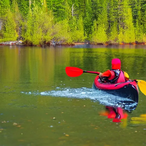 Image similar to baby kayaking on a canadian river through boreal forest past a moose, in the style of action sports photography, high definition,