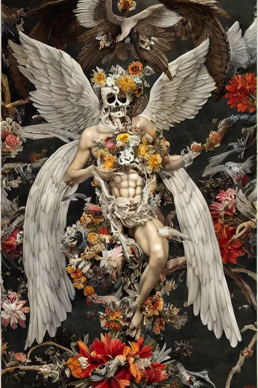 Image similar to A flying icarus reaching for the sun with a skull mask and wings as a Greek sculpture, quartz crystal skull, wreath of flowers and abstract milky quartz eyes, many large flying monster eyes, flowing sakura silk, fabric, flowers. baroque elements, human skull. full-length view. baroque element. intricate artwork by caravaggio. many many birds birds on background. Trending on artstation. halo. octane render, cinematic, hyper realism, octane render, 8k, depth of field, 3D