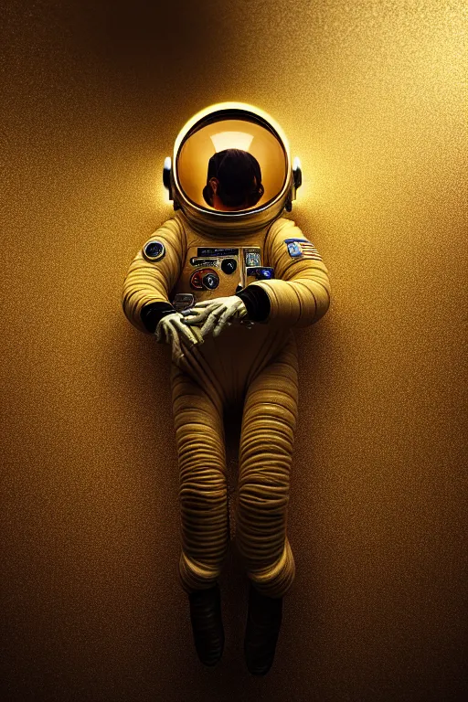 Image similar to extremely detailed studio portrait of space astronaut, helmet off, helmet on lap, full body, soft light, golden glow, award winning photo by michal karcz and yoshitaka amano