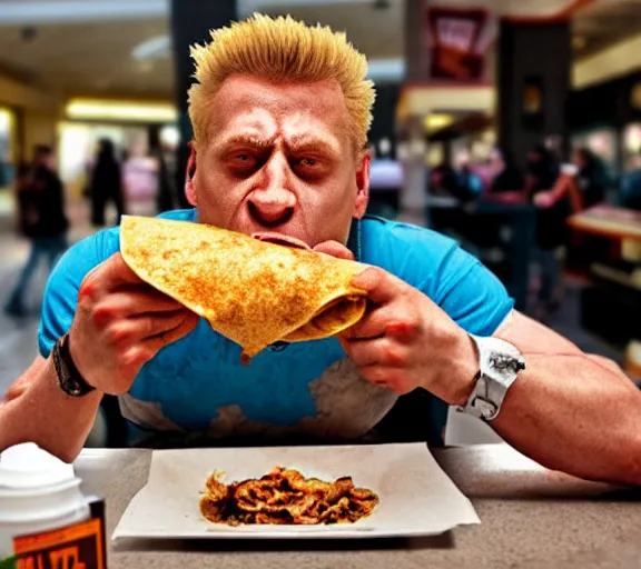 Prompt: duke nukem eating a burrito in a shopping mall