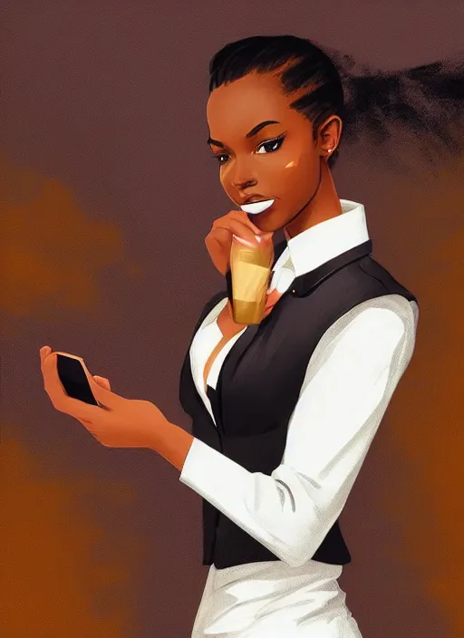 Image similar to detailed digital painting of beautiful black woman in corporate attire holding a cell phone and steaming coffee mug, fanart behance trending on artstation, concept art, matte, sharp focus, illustration, corner office background, hearthstone, art by artgerm and greg rutkowski and alphonse mucha