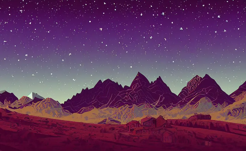 Prompt: mountains, stars and paisley filled sky, artstation, intricate, highly detailed, digital painting, concept art, sharp focus, illustration by Tom Whalen and Charles Williams