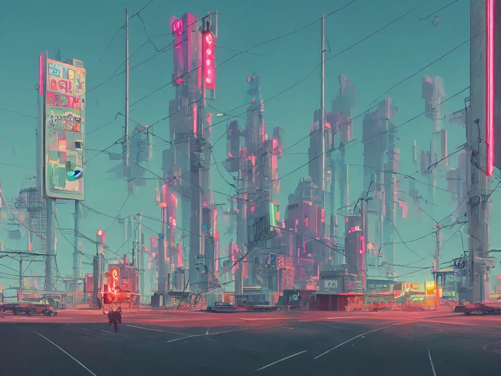 Prompt: tall futuristic buildings, billboards and neonsigns by Yusei Uesugi and Simon Stålenhag