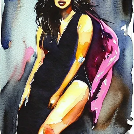 Prompt: Beautiful detailed watercolor medium shot of Priyanka Chopra by Bill Sienkiewicz, trending on pinterest