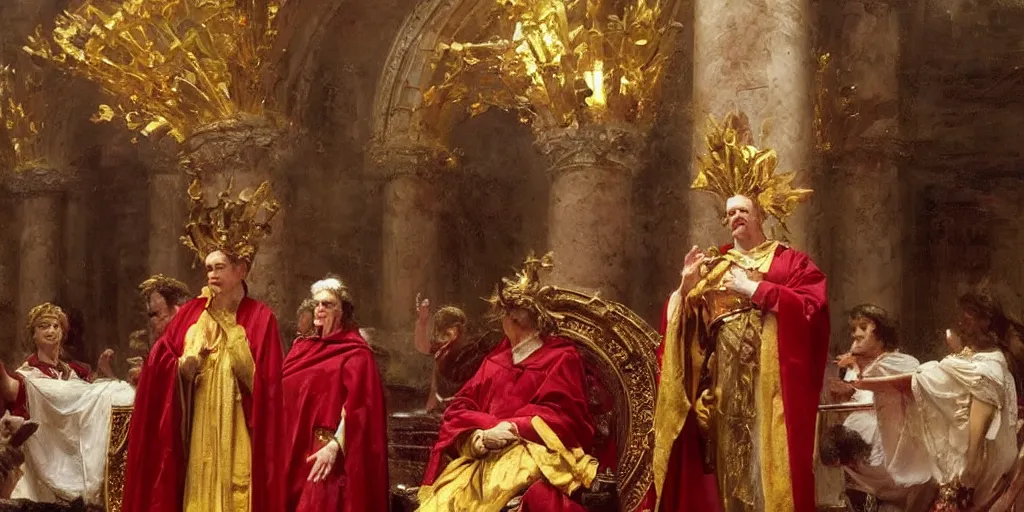 Image similar to beautiful oil painting, steve buscemi in royal crimson robes enthroned as the god emperor of ancient rome a golden wreath upon his head, by anders zorn, wonderful masterpiece by greg rutkowski, beautiful cinematic light, american romanticism, by thomas lawrence, greg rutkowski