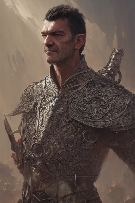 Image similar to portrait antonio banderas as paladin, fantasy, dnd, intricate, highly detailed, smooth, artstation, digital illustration by Ruan Jia and Mandy Jurgens and Artgerm and Wayne Barlowe and Greg Rutkowski and Zdislav Beksinski