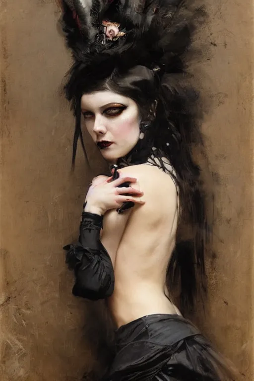 Prompt: Richard Schmid and Jeremy Lipking and Roberto Ferri full length portrait painting of a young beautiful victorian steampunk goth punk rock woman covered head in black except for face