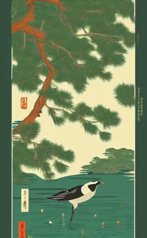 Prompt: hanafuda, grus japonensis looking around at a lake in the middle of japanese pines, front game card, vector line art, trending on artstation, concept art, stunning, matte