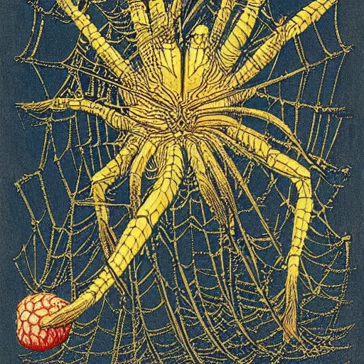 Prompt: a girl with a spider, colored woodcut, flat pastel colors, by Mackintosh, art noveau, by Ernst Haeckel, by Gustave Dorè