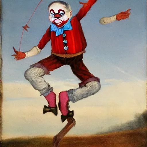 Image similar to Clown dancing in suspenders on a triangular roof, anthropology, ethnology, biology, 8k, realistic