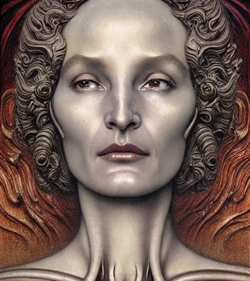 Image similar to detailed realistic beautiful young alien robot jessica lange as queen of mars face portrait by jean delville, gustave dore and marco mazzoni, art nouveau, symbolist, visionary, gothic, pre - raphaelite. horizontal symmetry by zdzisław beksinski, iris van herpen, raymond swanland and alphonse mucha. highly detailed, hyper - real, beautiful