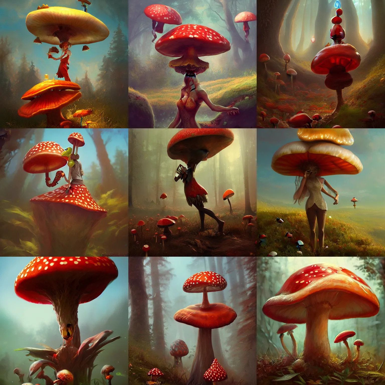 Prompt: fly agaric anthropomorphic personification, full shot, concept art, natural lighting, illustration, full color, highly detailed, photorealistic, by greg rutkowski, artstation,