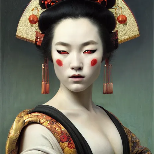 Image similar to highly detailed oil painting | very intricate | cinematic lighting | award - winning | the scandinavian viking geisha in an exquisite tribal kimono | by roberto ferri, by tom bagshaw, by j. c. leyendecker and klimt, beautiful cinematic light, american romanticism, by austin osman spare, artstation, cgsociety, official art, octane