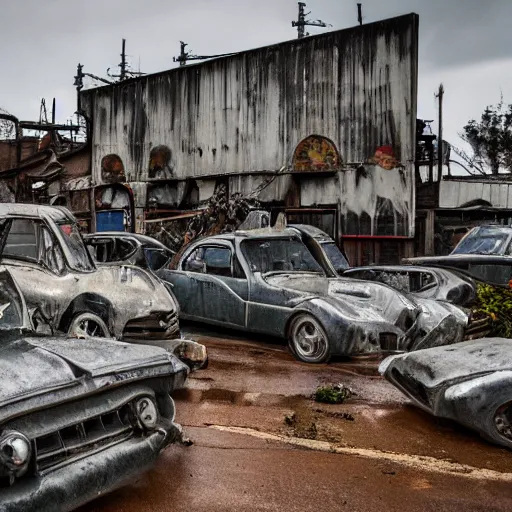 Prompt: dystopian salvage yard in the rain