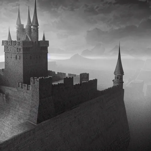 Prompt: an ultra detailed black and white matte painting of the fortress of the evil patriarch, massive castle walls inside of a massive city with one impossibly tall black spire in the center that touches the clouds, ultrawide lense, aerial photography, twilight, artstation, volumetric lighting, exquisite detail, octane render, 8 k postprocessing, art by m. c. escher