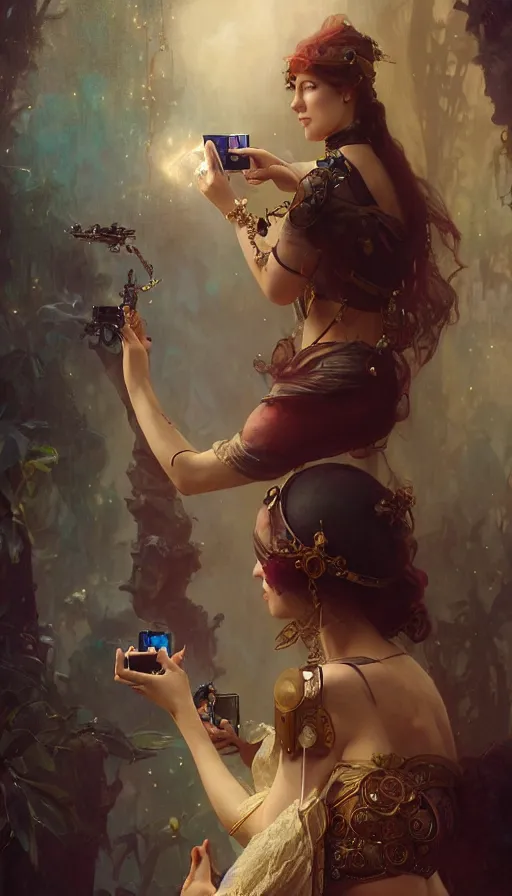 Image similar to hyper realistic photographer taking a picture, magical, gems, jewels, gold, steampunk, cyberpunk, painted by tom bagshaw, mucha, gaston bussiere, craig mullins, j. c. leyendecker 8 k