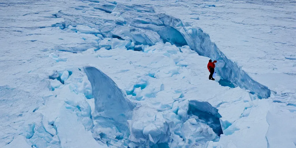 Prompt: a space traveler on a cliff is contemplating a fractured iceberg, full arctic sunny day, hdr photography