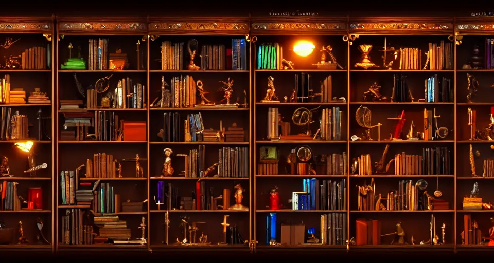 Prompt: a bookshelf of wonderful magical instruments, cinematic lighting, detailed, 4 k