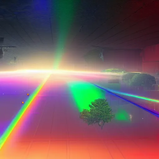 Image similar to rainbow lasers converging into a distant point in space, perspective, hyperrealistic, volumetric lighting, featured on artstation, highly detailed, 8 k