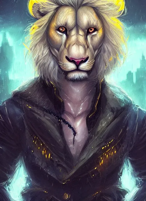 Prompt: aesthetic portrait commission of a of a male fully furry muscular anthro albino lion with a tail and a beautiful attractive hyperdetailed face wearing stylish and creative torn open black and yellow heavy outfit in a sci-fi dystopian city at golden hour while it storms in the background with bright police sirens lighting up the subject. Character design by charlie bowater, ross tran, artgerm, and makoto shinkai, detailed, inked, western comic book art, 2021 award winning painting