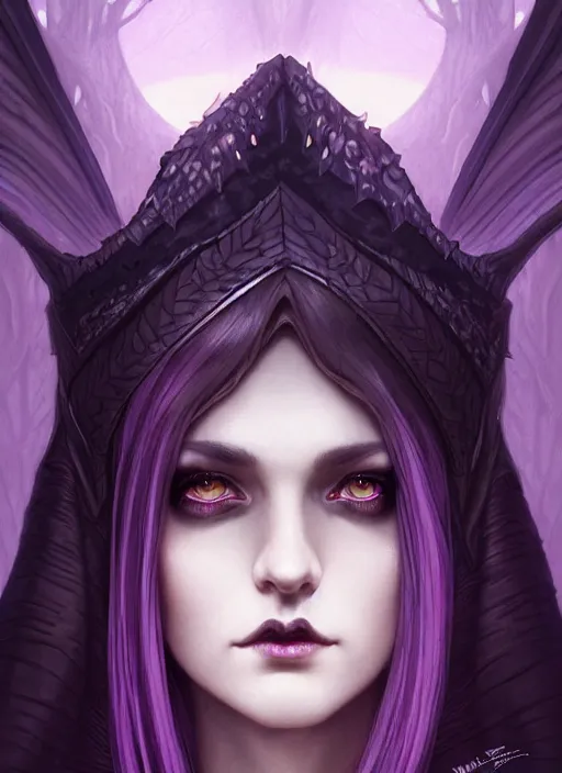 Image similar to symmetrical close up portrait dark witch, adventurer outfit large cloak, fantasy forest landscape, dragon scales, fantasy magic, undercut hairstyle, short purple black fade hair, dark light night, intricate, elegant, sharp focus, illustration, highly detailed, digital painting, concept art, matte, art by wlop and artgerm and greg rutkowski and alphonse mucha, masterpiece