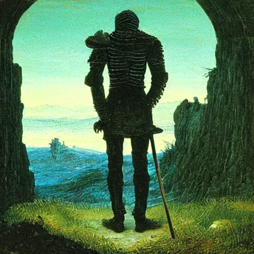 Image similar to dying knight facing the abyss, in the style of Caspar David Friedrich