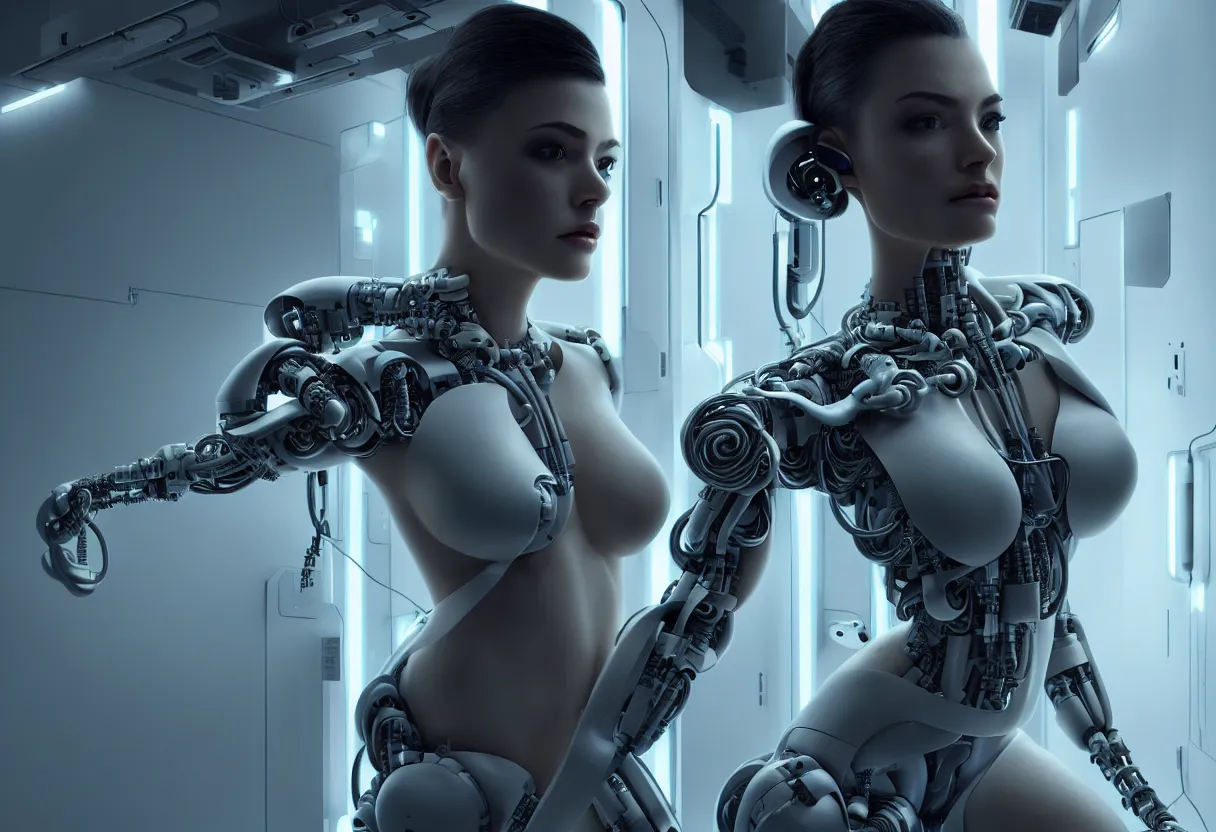 Prompt: Photo realistic render, centered in image incredibly beautiful and alluring female cyborg looking into camera, in a clean futuristic advanced military medical bay with cables hanging from ceiling, cables on floor, beautiful face, voluptuous body, cyberpunk, sci-fi, fantasy, intricate, elegant, highly detailed, artstation, concept art, smooth, sharp focus, octane render, dramatic lighting, art by artgerm and greg rutkowski and alphonse mucha and wlop