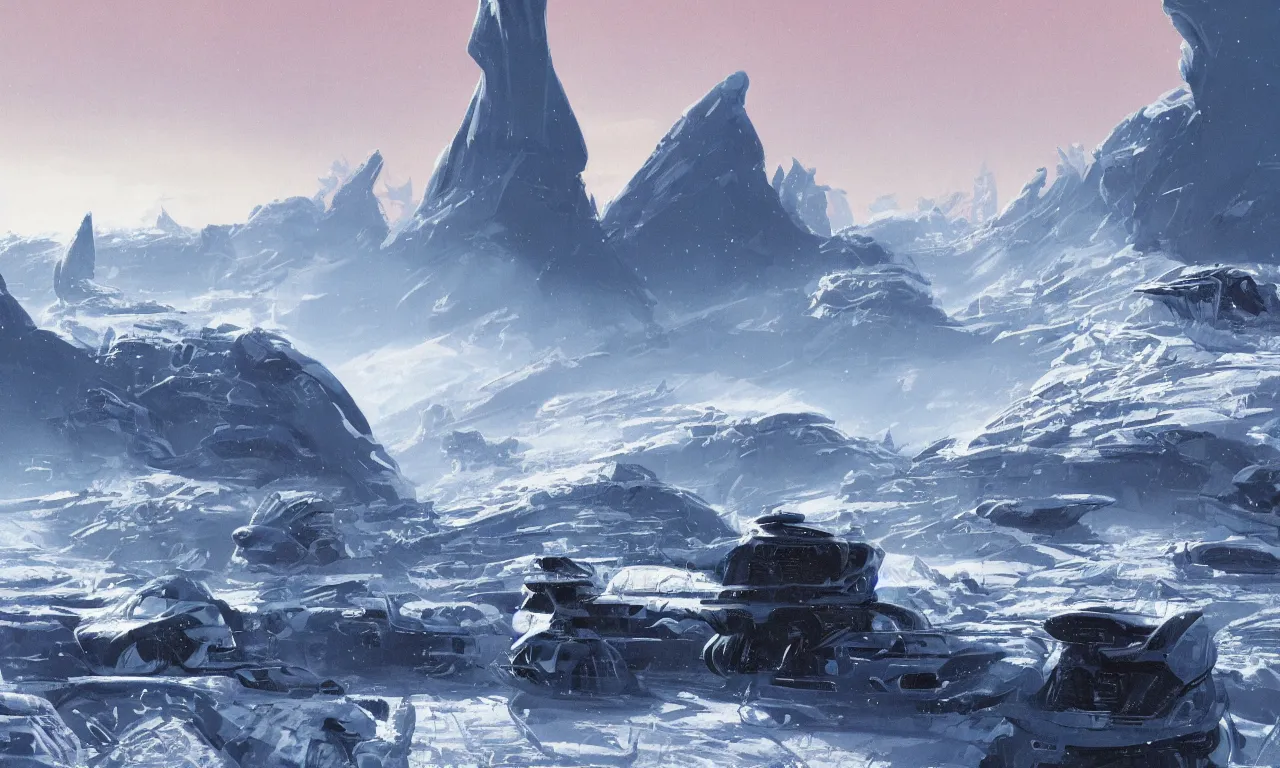 Prompt: frozen unexplored wasteland on an alien science-fiction planet with distant mountains covered in clouds and snow by Syd Mead, Federico Pelat