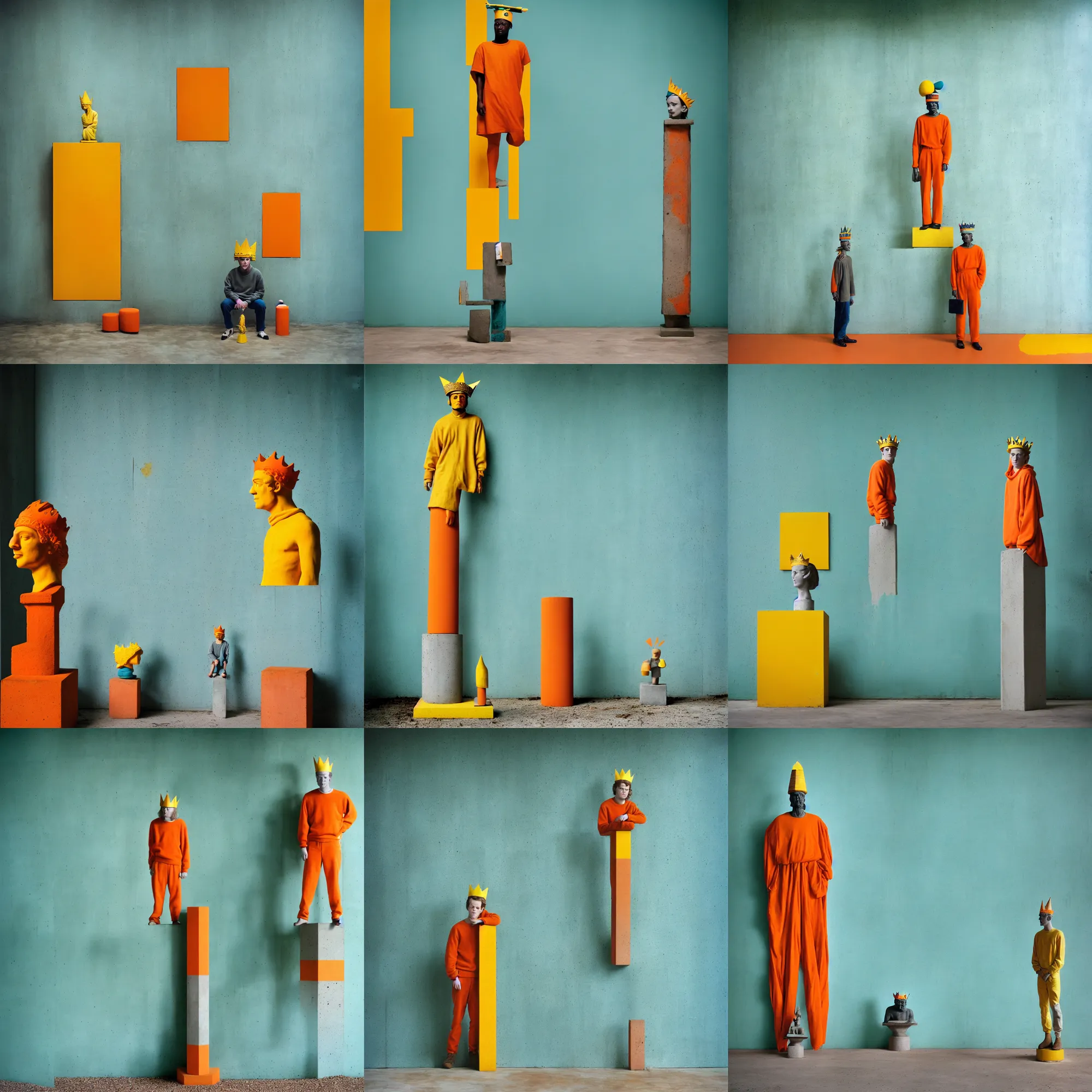 Image similar to kodak portra 4 0 0, 8 k, shot of a highly detailed, britt marling style, colour still - life portrait of a large minimalistic room, rough concrete walls, a single rough carved wooden teal and orange striped coloured statue is standing on a concrete podest with a yellow crown on his head, muted colours