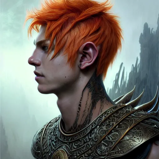 Image similar to portrait painting of an elven male teen with short light orange hair and tribal tattoos on his face wearing fur armor, ultra realistic, concept art, intricate details, eerie, highly detailed, photorealistic, octane render, 8 k, unreal engine. art by artgerm and greg rutkowski and charlie bowater and magali villeneuve and alphonse mucha