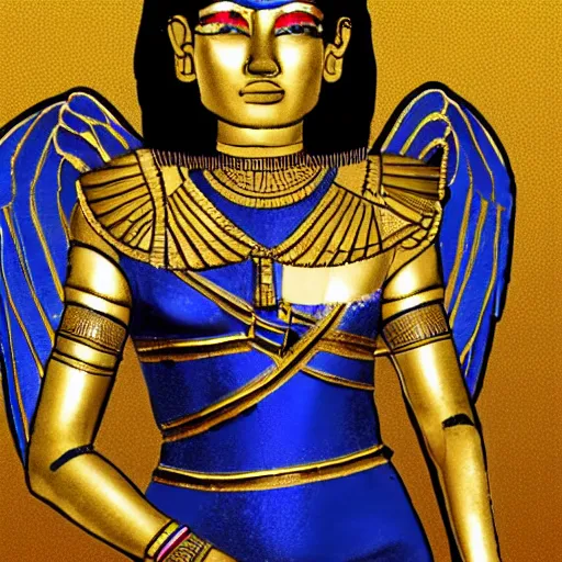 Prompt: female warrior with gold and blue Egyptian armour with golden wings