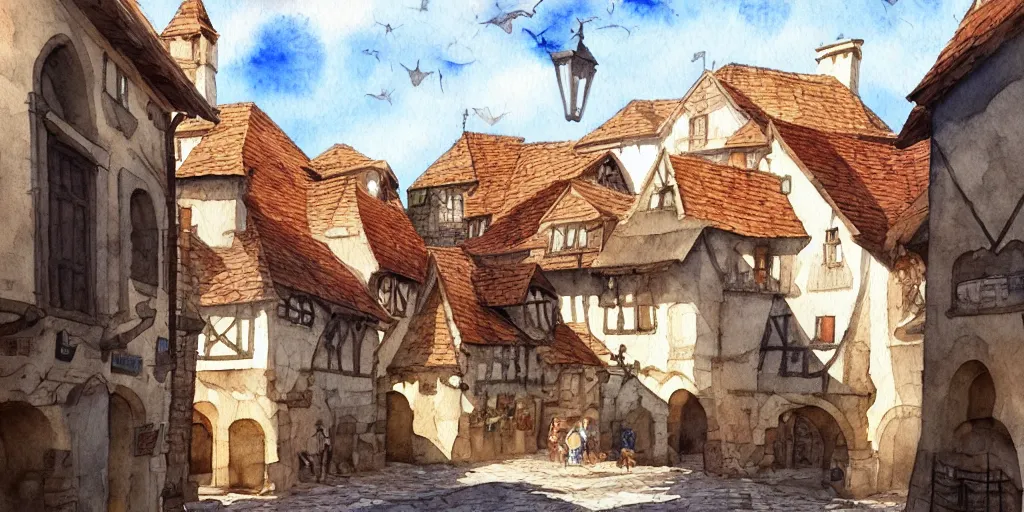 Prompt: medieval town, summer morning light, watercolor painting, highly detailed, sharp focus, trending on artstation, hq, deviantart, art by artgem