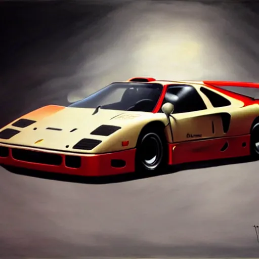 Image similar to ultra realistic portrait painting of a ferrari f 4 0, art by frank frazetta, 4 k, ultra realistic, highly detailed, epic lighting