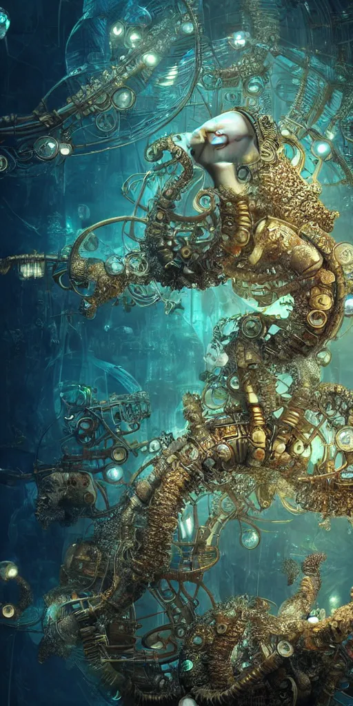 Image similar to mythical dreamy organic translucent bio-mechanical overpopulated underwater sci-fi steampunk city with seahorses, highly detailed, intricate crystal jelly steampunk ornate, poetic, 3D render, digital art, octane render, 8K artistic photography, photo-realistic, by Dora Maar