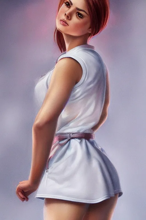 Image similar to full body photo of a gorgeous young woman wearing a nurse outfit in the style of stefan kostic, realistic, sharp focus, 8k high definition, insanely detailed, intricate, elegant, art by stanley lau and artgerm