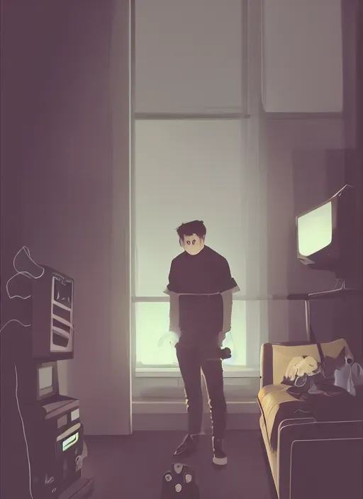 Prompt: video gamecore, gamecore, gamercore portrait of a man playin playstation 5 on his bedroom at night, cinematic perspective, trending in artstation, behance, deviantart