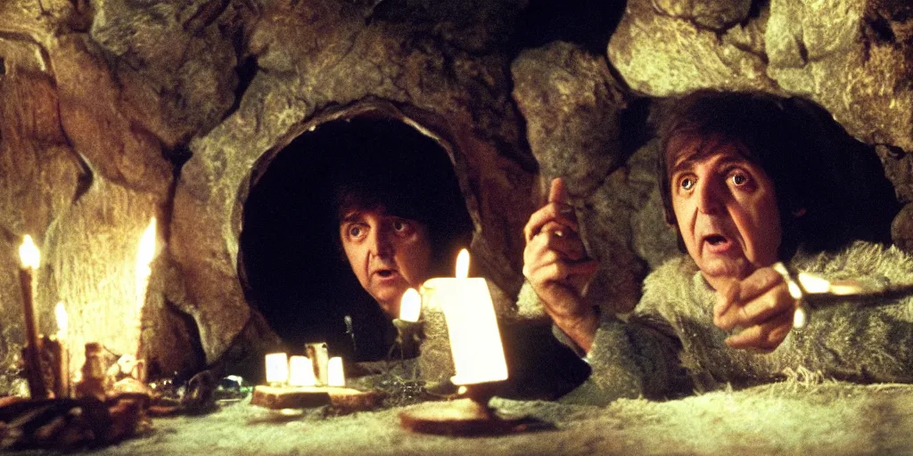 Image similar to A full color still of Paul McCartney looking at his palm, dressed as a hobbit inside his house at night with firelight, directed by Stanley Kubrick, 35mm, 1970