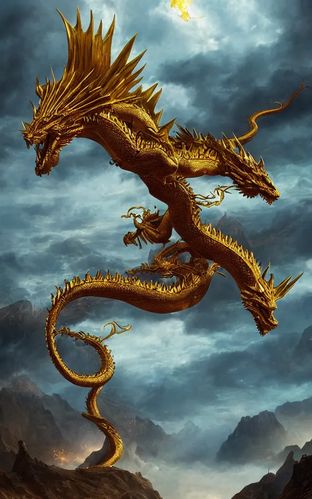 Prompt: a matte painting depicting a golden dragon, epic, legendary, cinematic composition, stunning atmosphere
