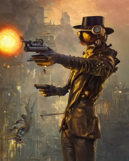 Image similar to oil painting of Anthropomorphized Steampunk Owl Sniper aiming steampunk gun, sharp focus, exploding golden steampunk city background, full body, heroic pose, fantasy style, octane render, volumetric lighting, 8k high definition, by greg rutkowski, highly detailed, trending on art Station, magic the gathering artwork, centered, dramatic artwork