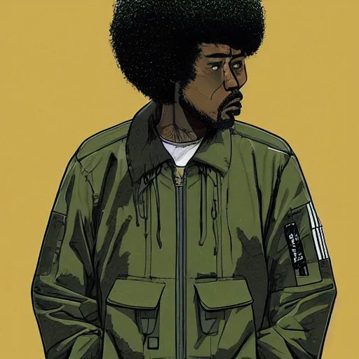 Image similar to illustration by katsuhiro otomo, black man with afro hair, raspy beard stubble, wearing an adidas army green jacket, in the streets of tokyo, akira style, by katsuhiro otomo