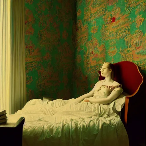 Prompt: a lonely girl in a liminal hotel room, baroque wallpaper, film still by wes anderson, depicted by balthus, limited color palette, very intricate, art nouveau, highly detailed, lights by hopper, soft pastel colors, minimalist
