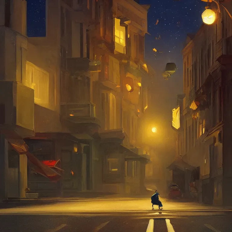 Image similar to a storybook illustration of a trash flying through empty street at night, fireflies, quiet night scene painted by Edward Hopper masterpiece, intricate, elegant, fantasy, highly detailed, digital painting, concept art, sharp focus, artstation