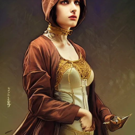 Prompt: character portrait of Mata Hari girl in a hoodie, relaxing mood, intricate, wild, highly detailed, digital painting, artstation, upper body, concept art, smooth, sharp focus, illustration, art by artgerm and greg rutkowski and alphonse mucha