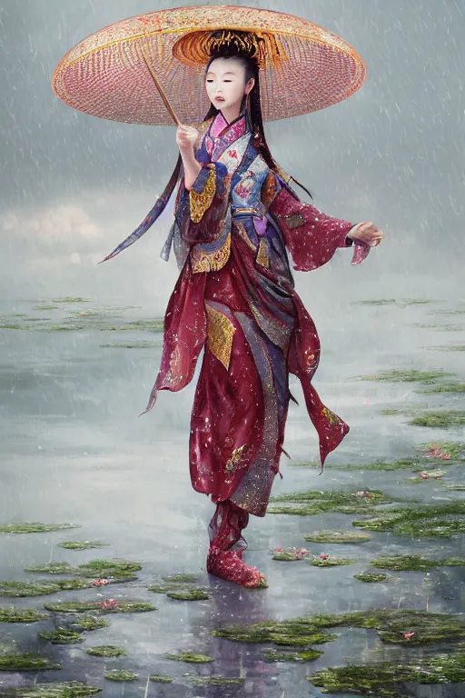 Image similar to portrait wuxia sword dance Girl, Chinese costume, in forbidden City Rainning, flowers sea everywhere, ssci-fi, fantasy, intricate, very very beautiful, elegant, highly detailed, digital painting, artstation, concept art, smooth, sharp focus, illustration, art by tian zi and WLOP and alphonse mucha