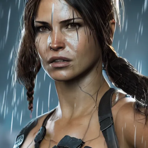 Prompt: Lara croft as spiderwoman,face get water , heavy rain ,dramatic, intricate, highly detailed, concept art, smooth, sharp focus, illustration, Unreal Engine 5, 8K