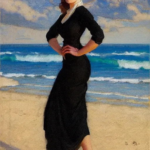 Image similar to woman on the beach, black dress, part leyendecker style, part dean cornwell style