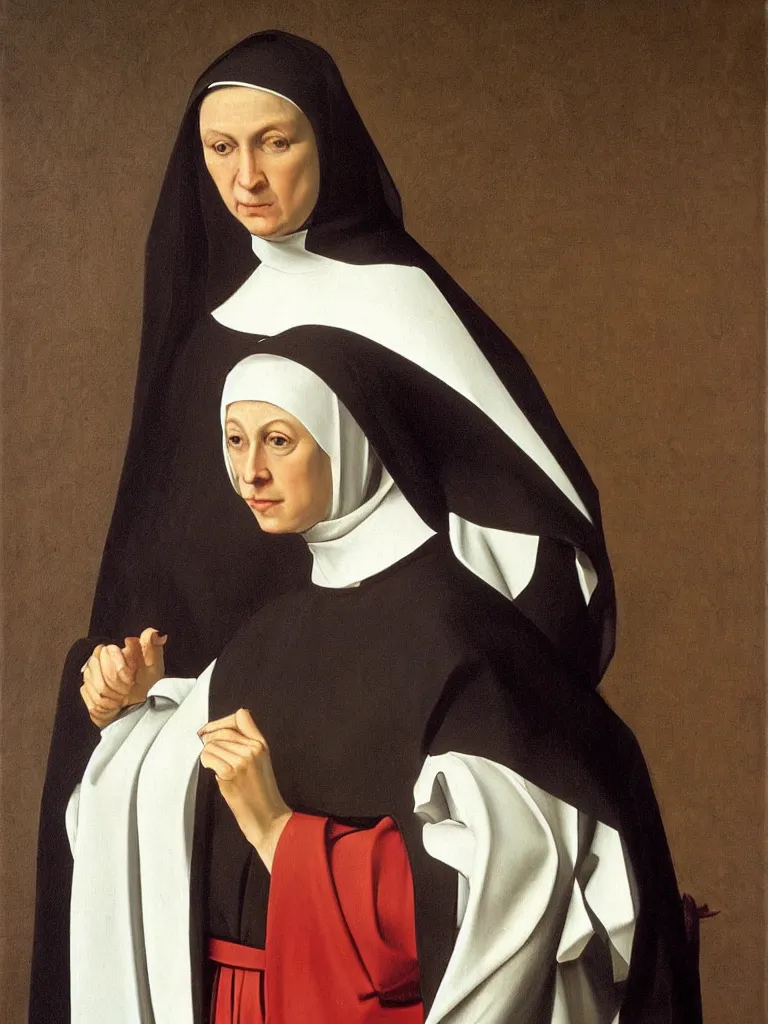 Prompt: a very detailed oil painting of the nun sainte claire wearing clarise habit, beautiful landscape background, half body, by caravaggio